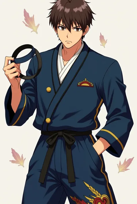 Plain dark blue Gakuran jacket with yellow buttons with dark blue Sashinuki pants with Ainu ornaments, with headband in hands anime style jujutsu kaisen male , short brown hair fighter 