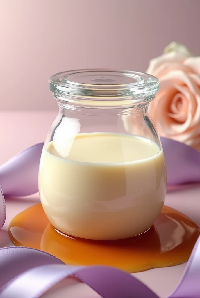 create an advertising image of a 240ml transparent glass jar with a transparent plastic lid inside a milk pudding recipe with caramel sauce in the background. Wrapped in lilac satin ribbon
