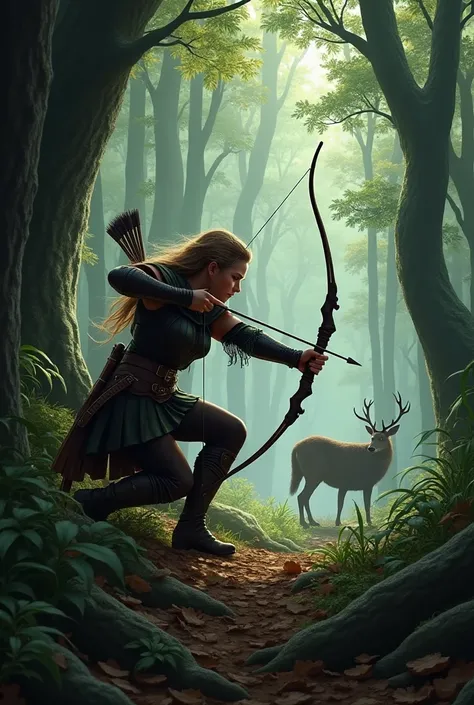 Let&#39;s tweak the prompt to make it more effective:

Prompt:

"Create a forest hunting scene with Feyre Archeron crouching and aiming at her target. She wears practical hunting clothes and holds a bow with an arrow drawn.. The forest is dense, with tall ...