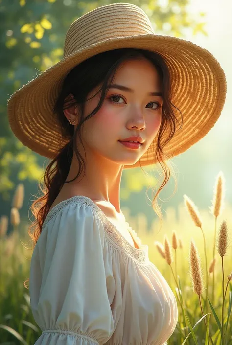 A full-face portrait of a beautiful woman as a farmer, with sunlight filtering through the trees, creating soft shadows on her face. The image is painted in a watercolor style, with soft brushstrokes and transparent, overlapping colors that blend beautiful...