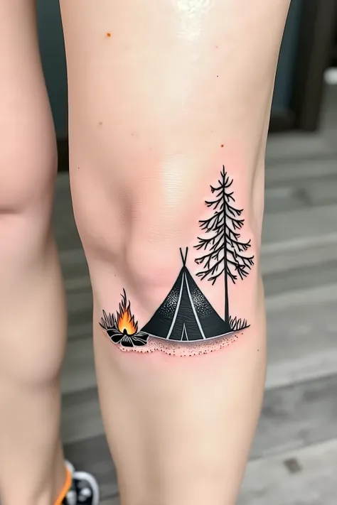 Simple tent tattoo, bonfire and a tree 