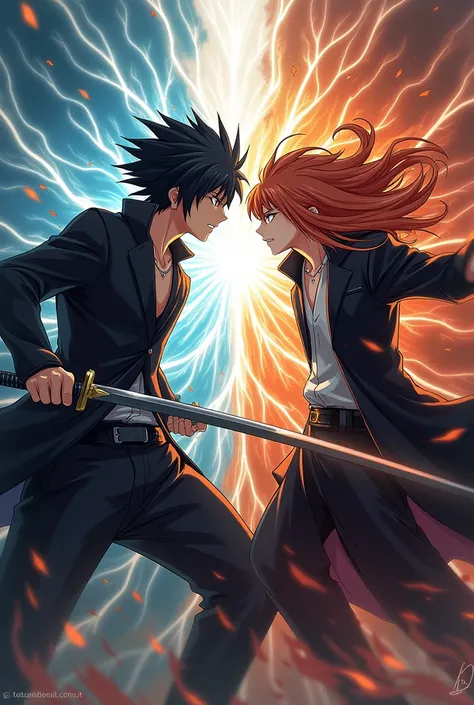 Kirito from Sword Art Online clashing swords with Dangai Ichigo from Bleach. Anime art style.