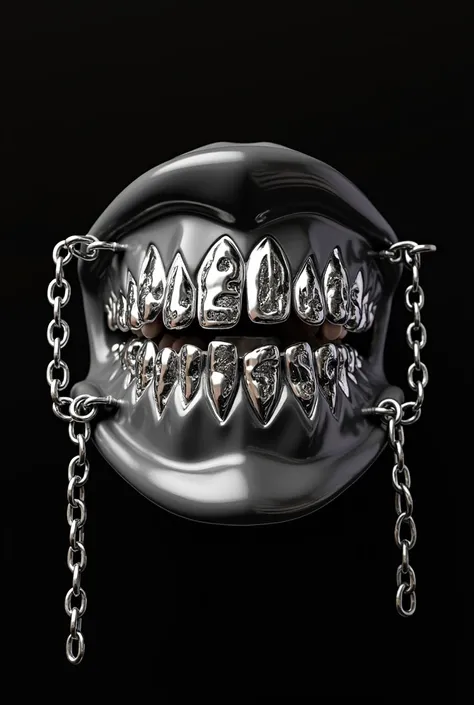 A silver denture with a silver fang-shaped grillz written in the middle "Reckless" in the middle of the teeth in the same material and color and some silver chains on the dentures