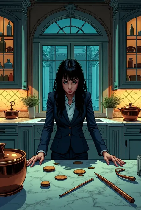 a graphic novel type illustration in which a young female inspector in a suitlooking at a table in a kitchen mansion 