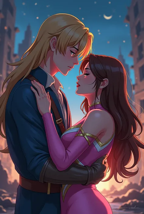 Make a tall young man with long blond parted hair crying in pain while holding a pretty woman with long brown hair, short in pink and white and gold superhero attire, in an apocalyptic setting at night , anime style