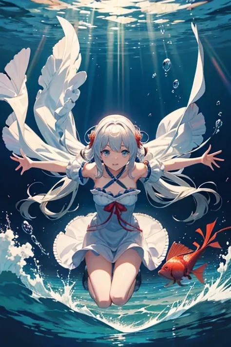 masterpiece, Highest quality, High resolution，Follow the on-screen instructions、Anime Style、Follow the on-screen instructions、One Girl、Long silver hair、Coral Reef、fish、Drop position、Falling、Look up, bend your knees, and reach your arms out toward the water...