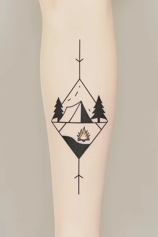 Colorless tattoo, geometric, simple tent, bonfire and a tree 