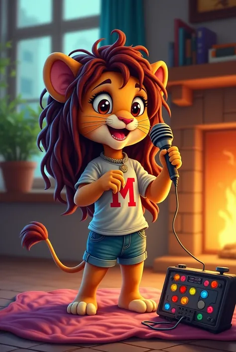 mascota: A small and cute female lioness with long dreadlocks falling on either side of her face. He is wearing a colorful T-shirt with a large "m" In the middle, denim shorts and a statement necklace.

scenery: The lioness is standing, energetic and cheer...