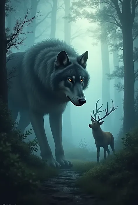 clearing! Here is a prompt to illustrate the wolf:

Prompt:

"Draw a majestic wolf in a foggy forest. The wolf is partially hidden by vegetation hunting the deer, with its piercing eyes and thick fur standing out against the misty background. The atmospher...