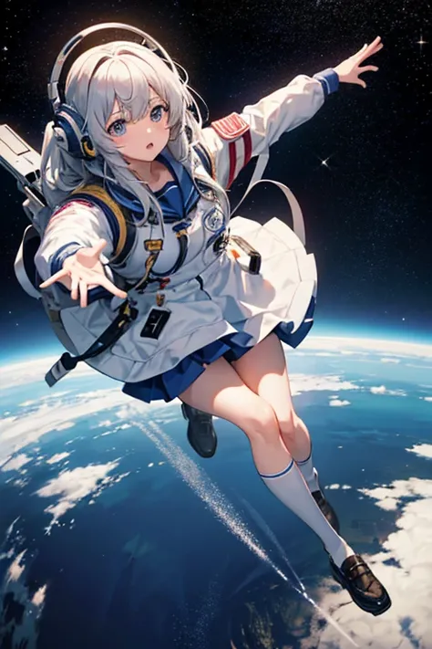 masterpiece, Highest quality, High resolution，Follow the on-screen instructions、Anime Style、Follow the prompts、One Girl、long、School Uniform、universe space、Confused、Spacewalk、Reaching out to the earth、Adrift in Space