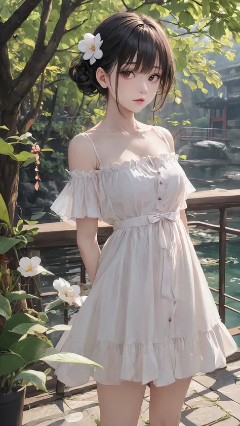 A woman in a dress taking a photo by the water, Sexy Dress, Elegant and smooth body, Gorgeous Young Korean Woman, V-shaped clothing with an open neckline, It&#39;s hot with the shining sun, Smooth white tight clothing suit, Translucent body, Photo of slim ...