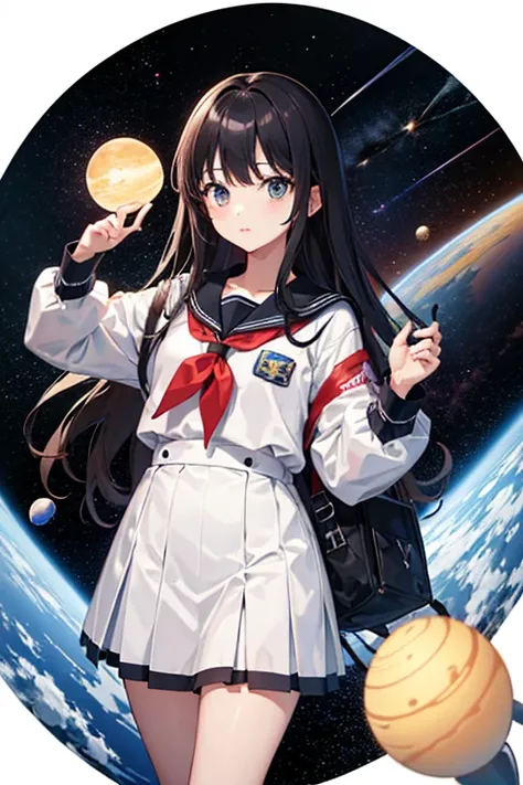 masterpiece, Highest quality, High resolution，Follow the on-screen instructions、Anime Style、Follow the prompts、One Girl、long、School Uniform、universe space、Confused、Spacewalk、Reaching out to the earth、Adrift in Space