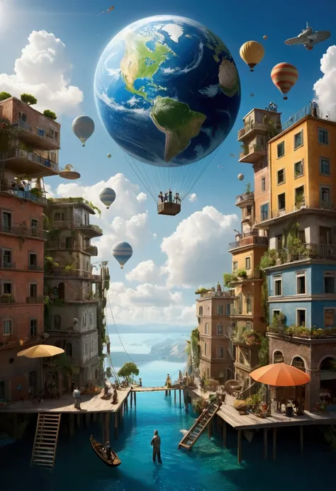 Scene from a world with different gravity zones, displaying a fascinating balance between challenges and wonders. Includes people adapting to varied conditions and how these affect their daily lives and interactions..