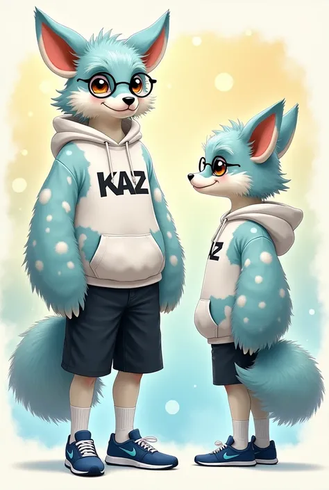 [*(White, light blue, fluffy fur spot pattern, large fluffy ears, fluffy tail cat/dog, 6’0ft tall skinny, Hybrid furry) -  (White Hoodie with Black 씨비 Text, Black khakis shorts, White Socks, Blue Navy Nike Shoes, Big, Better, Round Glasses with Reflection)...