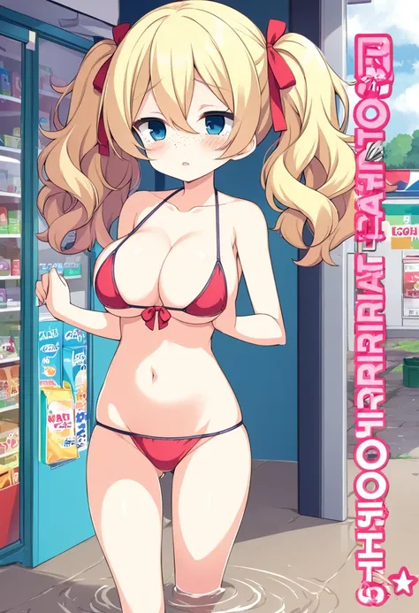 shiratorishiori, blonde hair, hair ribbon, red ribbon, twintails, wavy hair, hair between eyes, blue eyes, freckles,, empty eyes , Walking, , big anime eyes, , shiny hair, bare-skin, navel, the groin, BREAK in front of convenience store, large breasts, bla...