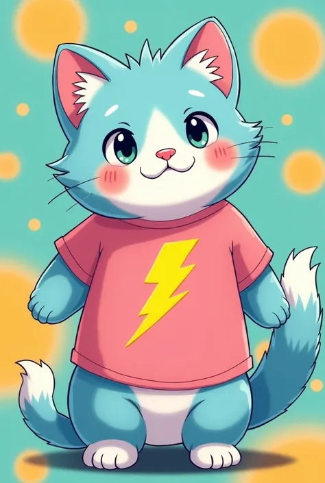 anime cat, cat hair color cyan, cat t-shirt color : pink, cat t-shirt logo: thunder, color yellow, Background: circles cyan and yellow gold