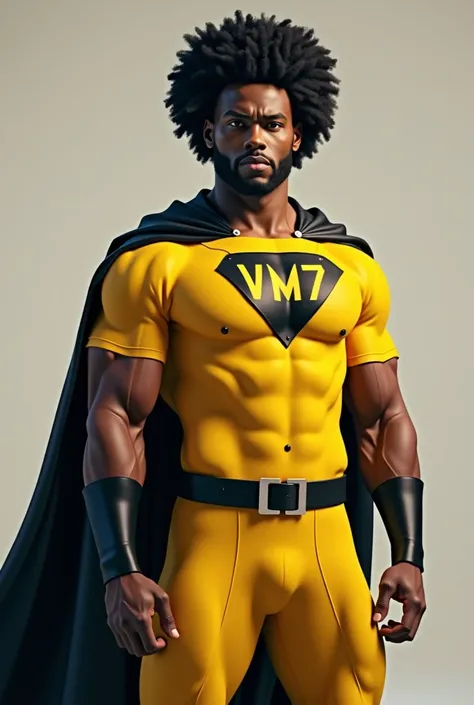 (photorealism:1.2), a afro super hero, with the logo "VM7" on chest, looking forward, full picture, with yellow uniform and black cape