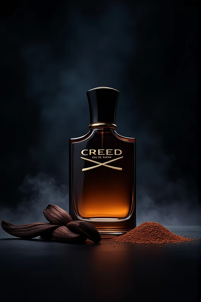 An image of a perfume named CREED eu de parfum with a night background and with ingredients like vanilla and tobacco on one side of the perfume 