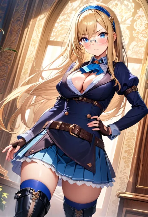 absurdres,masterpiece,best quality,original,extremely detailed CG,extremely detailed wallpaper,perfect lighting,1girl, blue-eyes, solo, ((long-hair)), thighhighs, glasses, breasts, skirt, blonde-hair, medium-breasts, gloves, hairband, fingerless-gloves, pu...