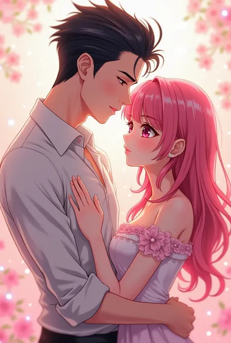 A handsome black-headed man is hugging a pink-headed, five-eyed, good-looking woman. Anime lines