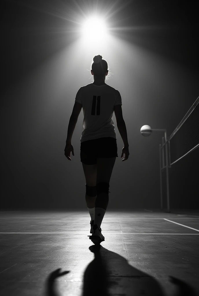 volleyball setter emerging from the shadows on the court (black andwhite)
