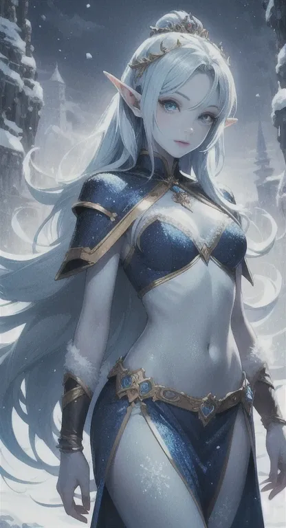 Hyper realistic, Blue skin, Frozen princess, rare, ice maiden, shiva armor, beautiful women, long icy hair, icy eyes, short elf ears, blue skin, winter, looking at viewer,