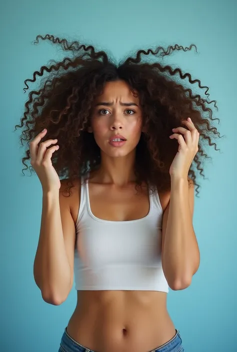 A young woman between 25 and 3 with undefined curly hair that appears dry and excessively frizzy. Her expression is one of worry and almost fear, as if she is unsure how to fix her hair. The image should be a medium-long shot, showing her from the waist up...