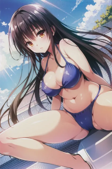 One Girl,  Kotegawa Yui, Long Hair,Swimwear,Black Hair, Blue sky background,Sun in the background,  whole body, View your audience, Large Breasts, Anatomically correct, Dutch Angle, 