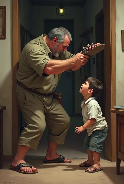 Father hitting his son with a sandal