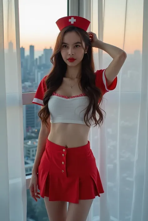 (Create a full-body image of a 20-year-old Korean idol,) dressed in a naked breast  and white and red nurse Uniform with her long hair cascading down her back. Standing in front of white curtains fluttering in the wind. The backdrop is a modern city skylin...