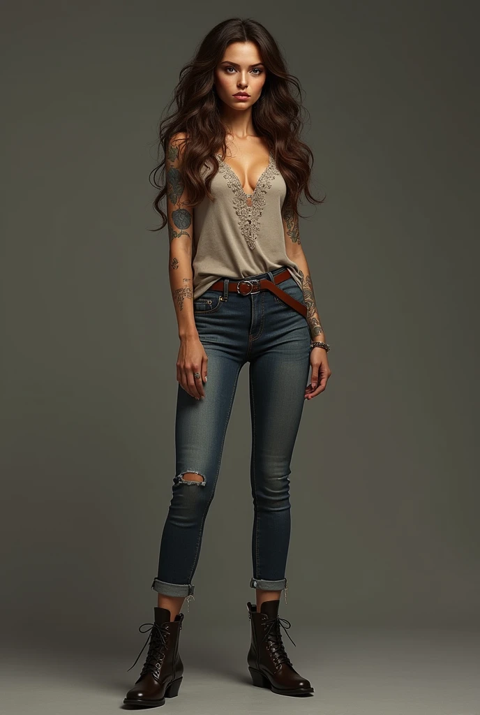 (photorealism:1.2), She stands 1.70 meters tall, with an athletic and slender silhouette. Her long, wavy brown hair frames a delicate face, featuring deep brown almond-shaped eyes and full lips. Adorned with artistic tattoos, she has a floral design on her...