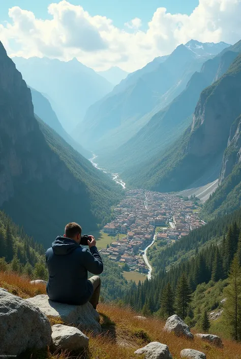 A man siting in mountain a village is in front of her , taking a realistic photo in hd