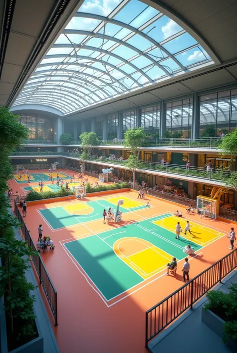 a business with 6 courts, and an internal environment with children&#39;s games, but the internal environment is protected so that the balls on the court do not hurt the children in the playgrounds in another house