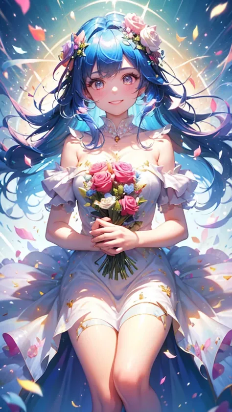 masterpiece, High resolution, Anatomically correct, Highest quality, smile, happiness/joy, Rose Fairy,Rose Costume,Rose Dress,Surrounded by roses,Butterflies fluttering,Sparkle Effect, Hair Flower, Blue Hair/Light blue hair, 