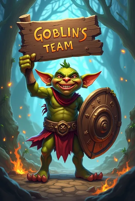 CREATE A FREE FIRE TEAM SHIELD WITH A GOBLIN HOLDING A TEAM GOBLIN NAME SIGN