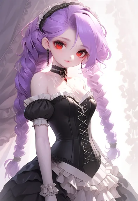 masterpiece, illustration, best quality, menacingjojo, cg, wallpaper, 1girl, solo, light purple hair, long hair, french braid, single sidelock, red eyes, multicolored eyes, small breasts, flat chest, victorian dress, breast slip, embellished dress, black d...