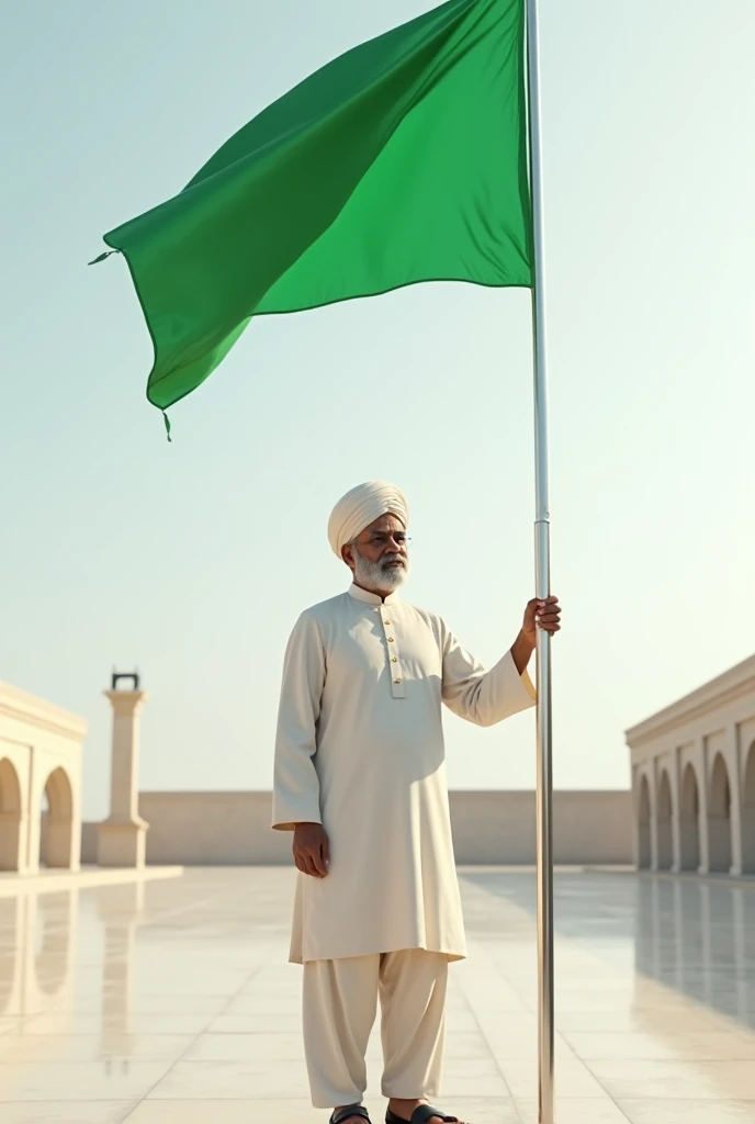 a man with shalwar kameez and turban ware and  do plain green flag hoisting 