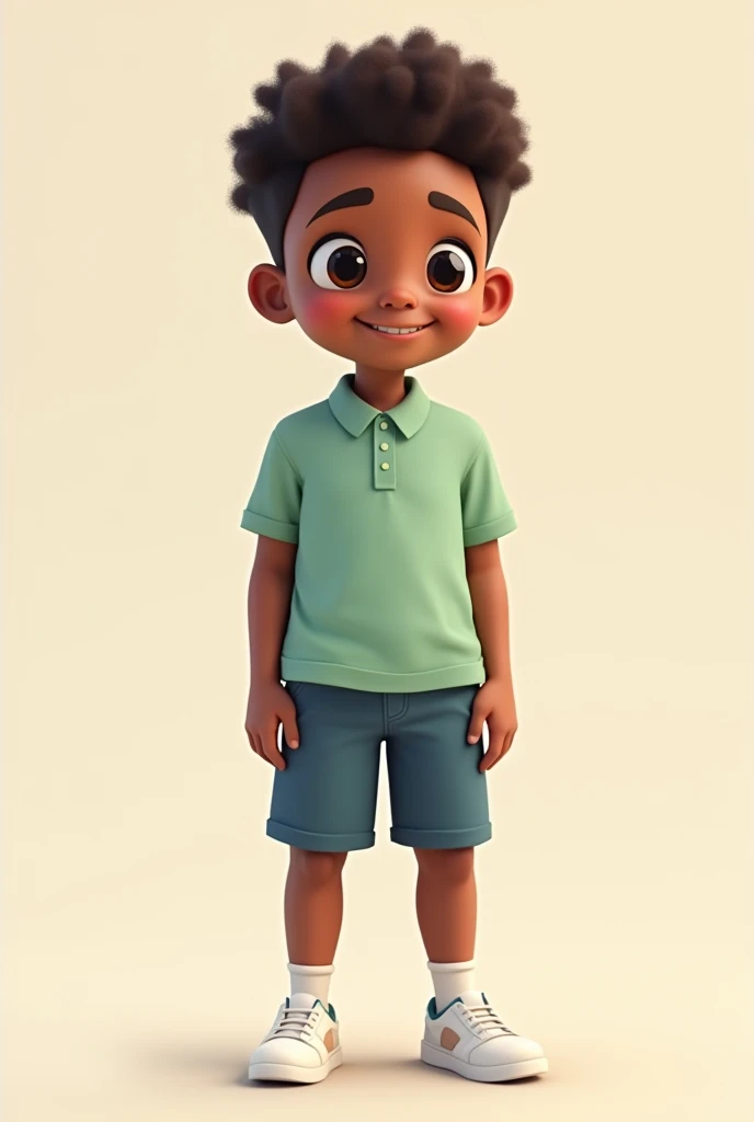 I would like an animated image of a dark-skinned  boy in his uniform, which consists of a light green polo shirt and blue shorts., with white sneakers.
