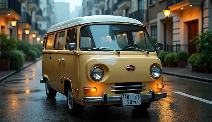 "A Subaru 360 VAN in a bright beige color, parked on the side of a luxury apartment street. The scene captures a post-rain environment with wet reflections on the road and a shiny, glossy finish on the vehicle. The vans license plate prominently displays S...