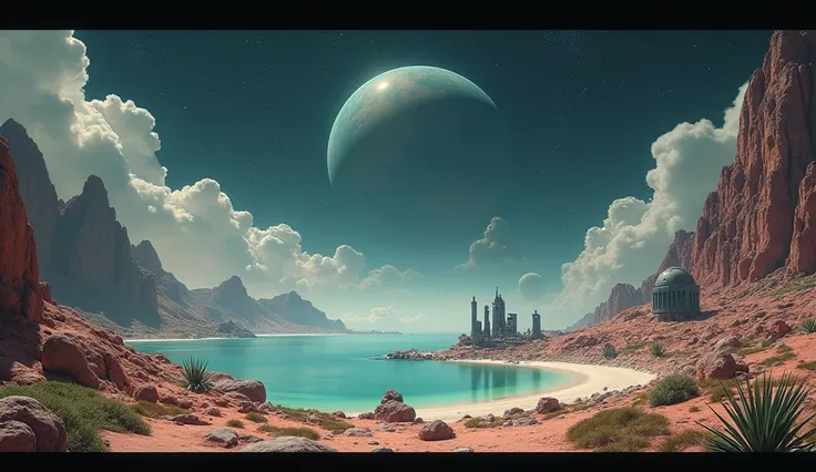 Cinematic shot of an otherworldly alien landscape of shallow sea with islands scattered around with few mechanical geometrical ruins scattered around showing signs of a lost high technological advanced civilization. The geometrical m.echanical ruins standi...