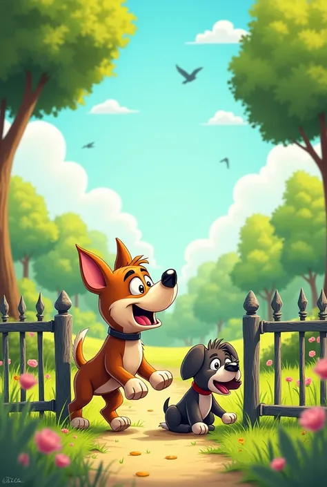 You can create a cartoon version of a dog freeing a sad dog trapped in a fence in the park? ?