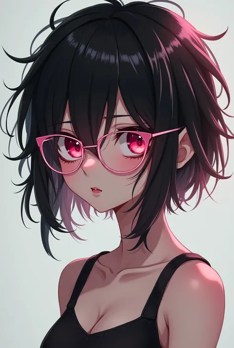 woman with messy black hair, Her hair is black with pink tints, and her eyes are large red, she wears pink glasses, with a tender look. She is wearing a sleeveless blouse and a mini skirt