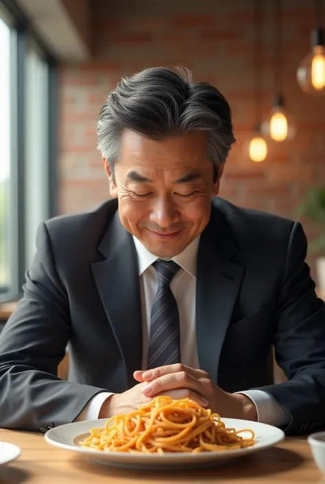 In a bright restaurant with brick walls、Sit at the table、While looking at the spaghetti served、With a gentle smile and an understanding look、A realistic Japanese middle-aged businessman, just like in the photo。　Place your hands on your knees、He looks at th...