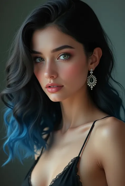 
a young woman with soft, wavy black and blue-tipped hair that falls to her shoulders, parted on the side. His expression is neutral, with slightly parted lips and piercing light green eyes. She wears elegant, shiny earrings and a low-cut black mini dress,...