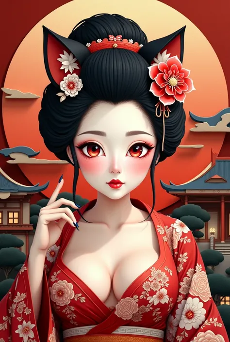 Paper-cut art,architecture,masterpiece,high quality,Super detailed,Super exquisite,8k,Chinese Geisha with cat ears, big breasts, cleavage, looking at viewer, arms behind back, ulzzang, portrait, sexy, submissive, ((seductive)), ((heavy blushing)), shy, tea...