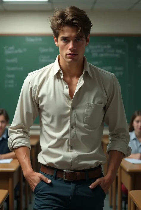 A young teacher with his shirt unbuttoned and his pants unzipped 
