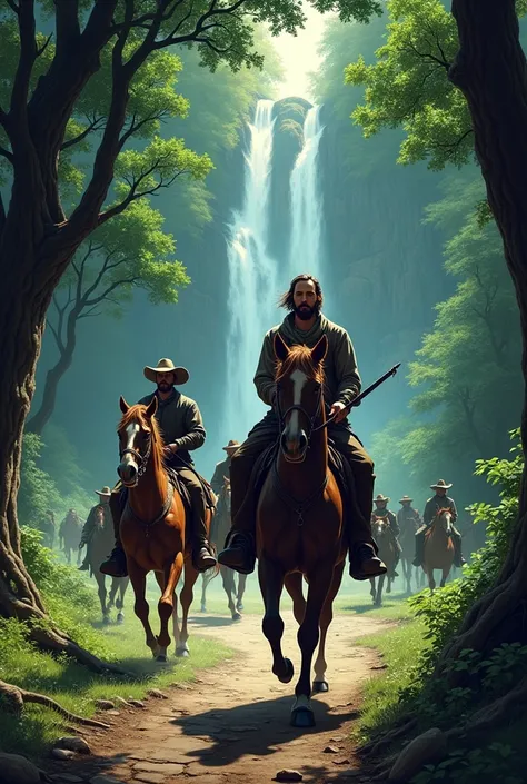 The character Iñigo arrives on horseback with the man who was waiting at the waterfall on top of his horse looking at the mysterious path full of trees. 
Behind Iñigo comes a number of men on horseback and with dogs..
Comic book style image from the 1850s