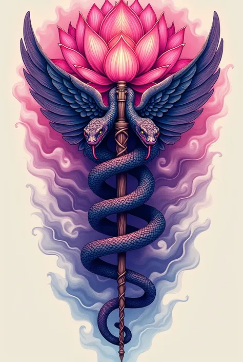 Pink and purple lotus caduceus tattoo image showing snakes head