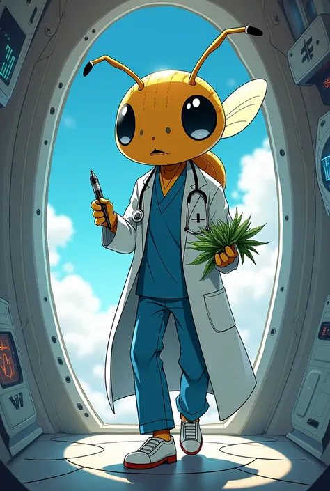 An anime doctor with a bee face dressed as a doctor traveling inside a spaceship carrying a pen and a marijuana plant in his hands