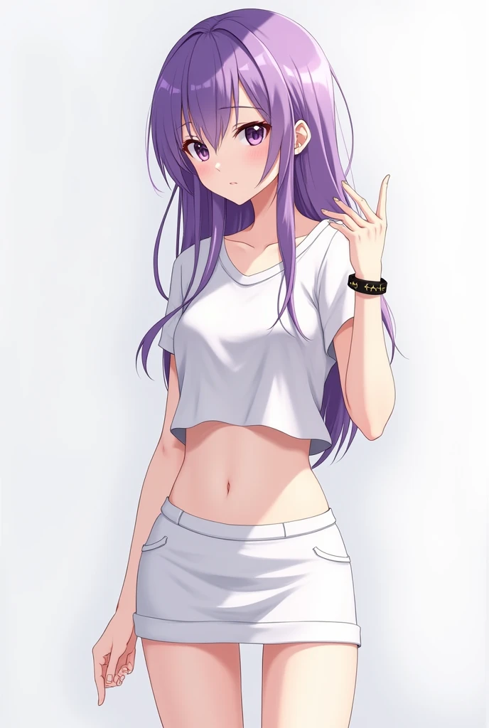 Make a picture of a long purple-haired anime with a flat chest wearing a minimalist white shirt and skirt wearing a bracelet with sharp eyes, a cute and pretty face and a teenage age, add a pose with one eye.